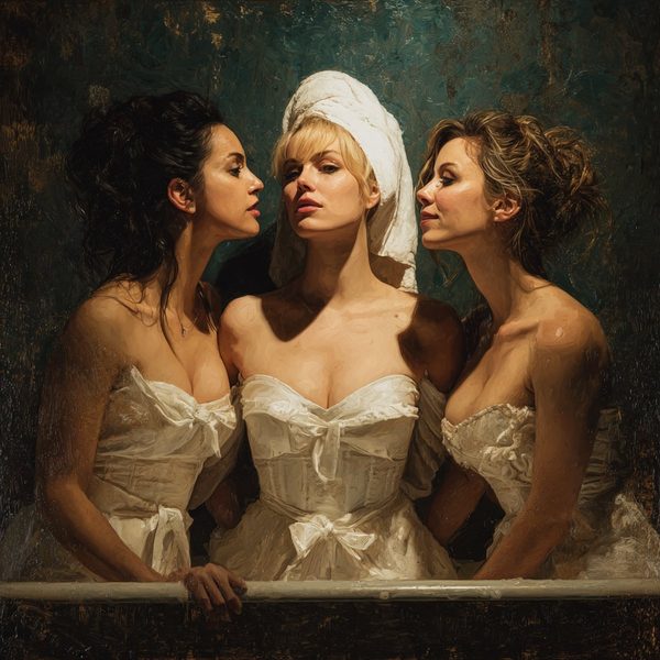 Three women in white against a dark ground, the one at the center with her hair wrapped in a towel.
