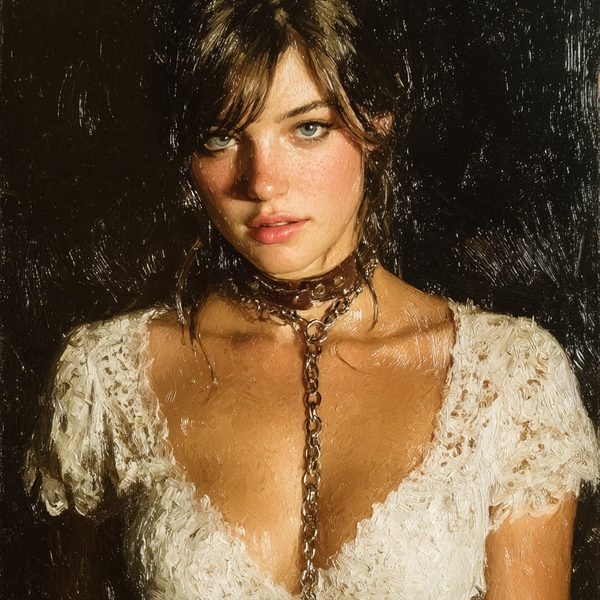 A woman in a white lace blouse with a leather collar and strap across the chest.