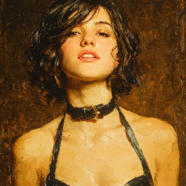 A woman in warm gold light wearing a black lace bodice, straps, and a buckled collar.