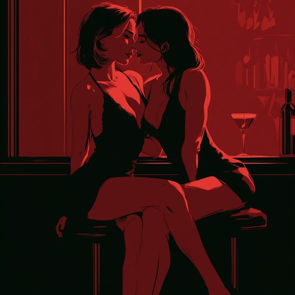 A red and black print of two women kissing on a bar stool.