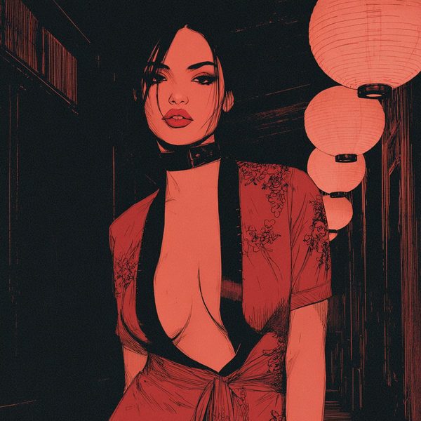 A red ink drawing of a woman standing beneath paper lanterns.