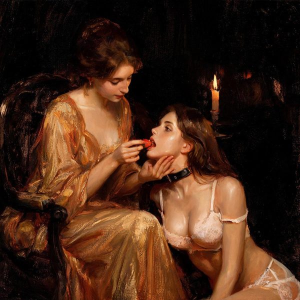 Two women by candlelight, one holding the other's face and feeding her.