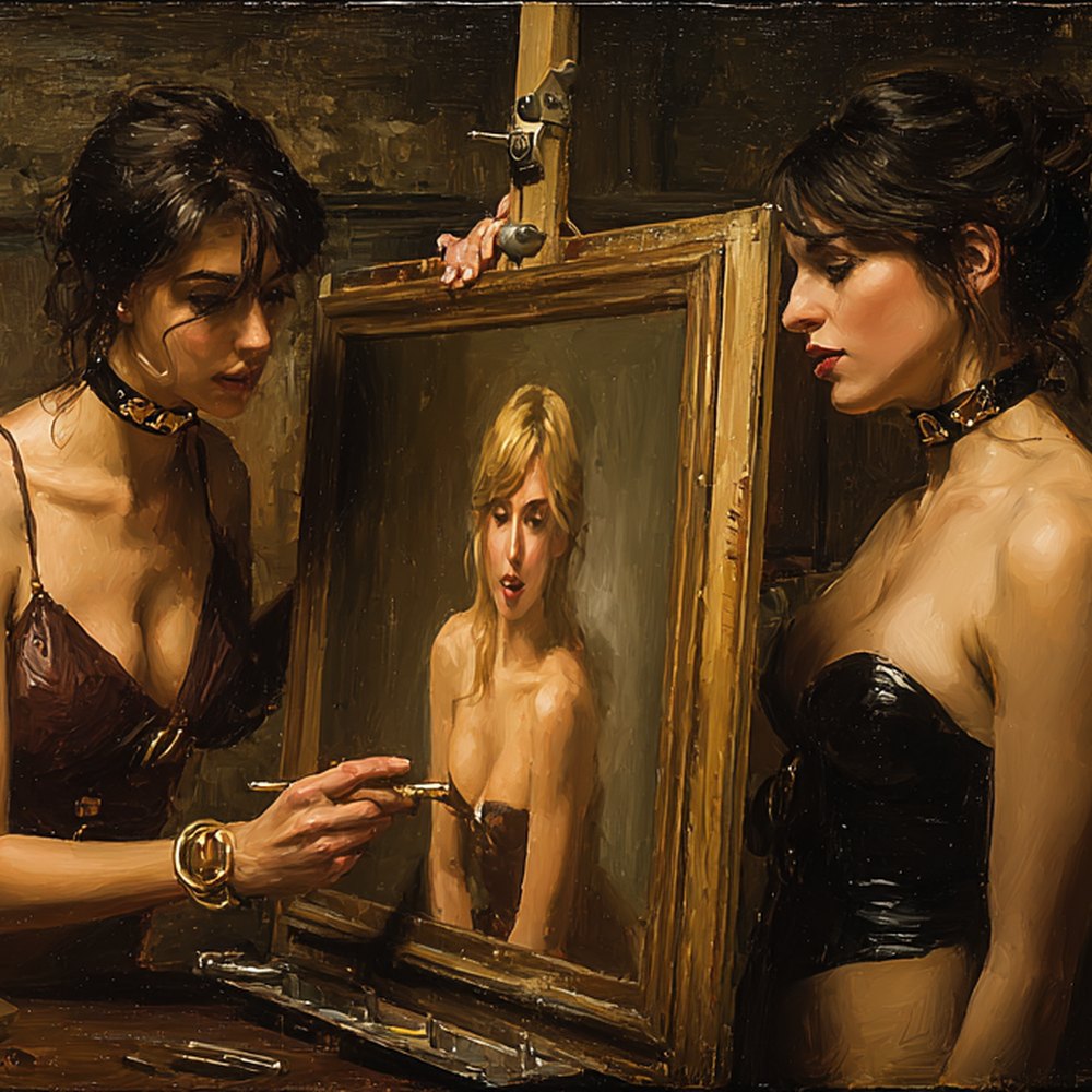 Two women in collars in a dim studio, one seated at an easel with a brush in hand, painting the portrait of a third.