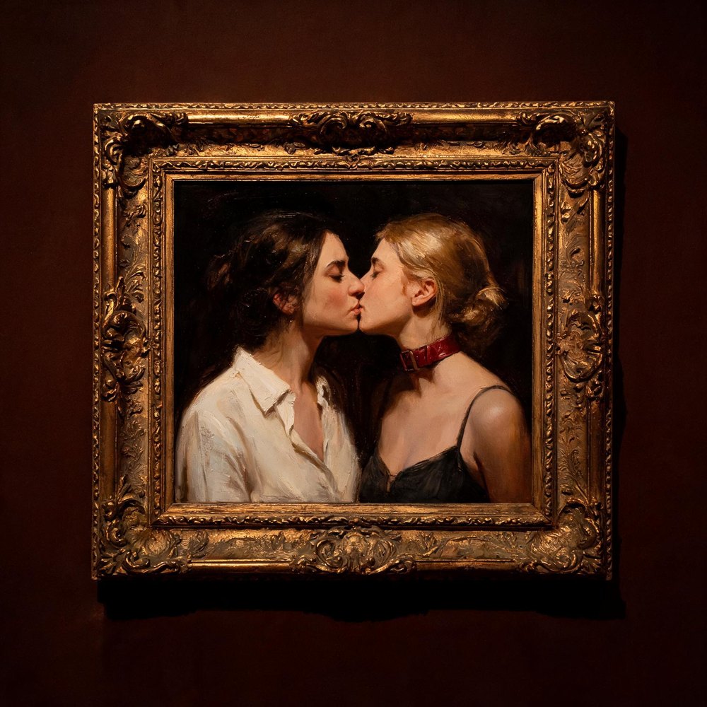 An oil painting in an ornate gilt frame hung on a dark red wall: two women kissing, one in a white shirt, the other in a red leather collar.