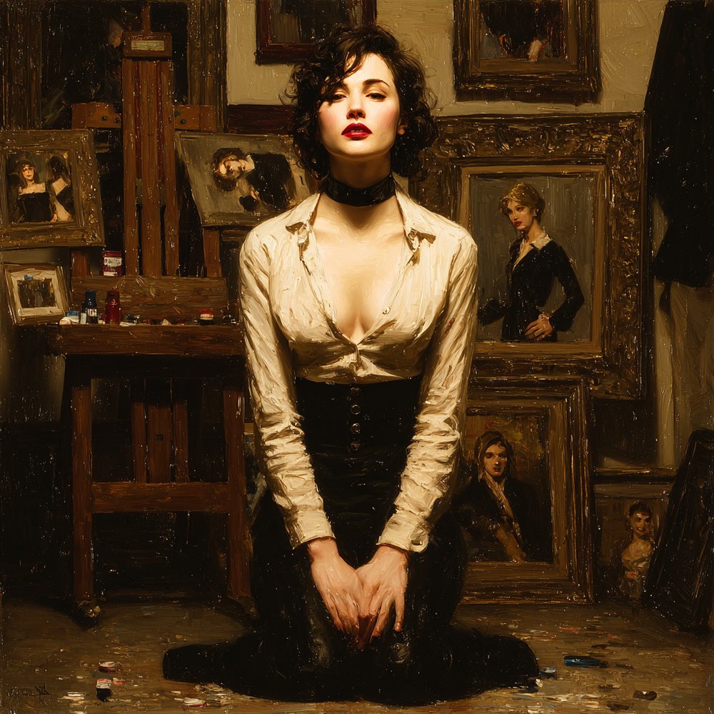 A woman kneeling in a painter's studio in a cream blouse and black skirt, surrounded by framed canvases and an easel.