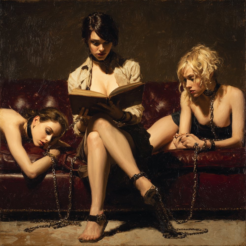 Three women on a dark red leather couch in a dim room, one seated upright reading aloud from an open book while the two beside her listen, all three in collars and loose chains.